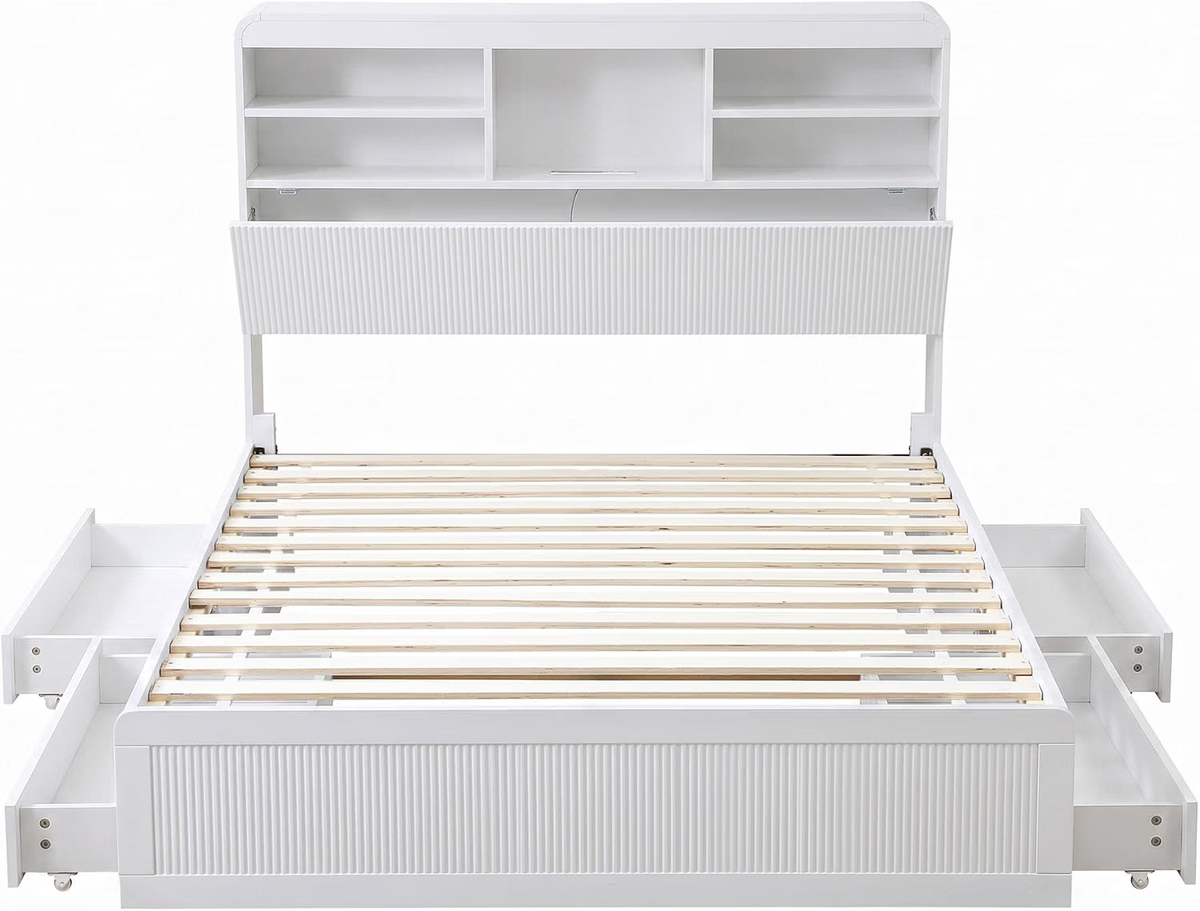 King Single Bed Frame with Bookcase Headboard, Storage Drawers & 2 Bedside Tables