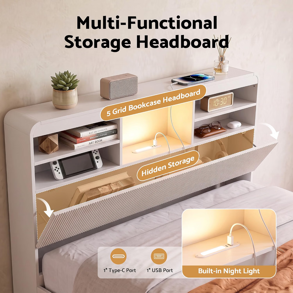 King Single Bed Frame with Bookcase Headboard, Storage Drawers & 2 Bedside Tables