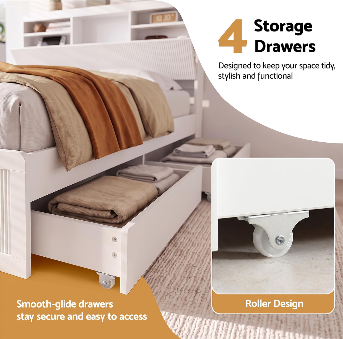 King Single Bed Frame with Bookcase Headboard, Storage Drawers & 2 Bedside Tables