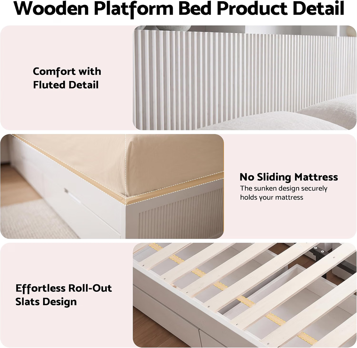 King Single Bed Frame with Bookcase Headboard, Storage Drawers & 2 Bedside Tables