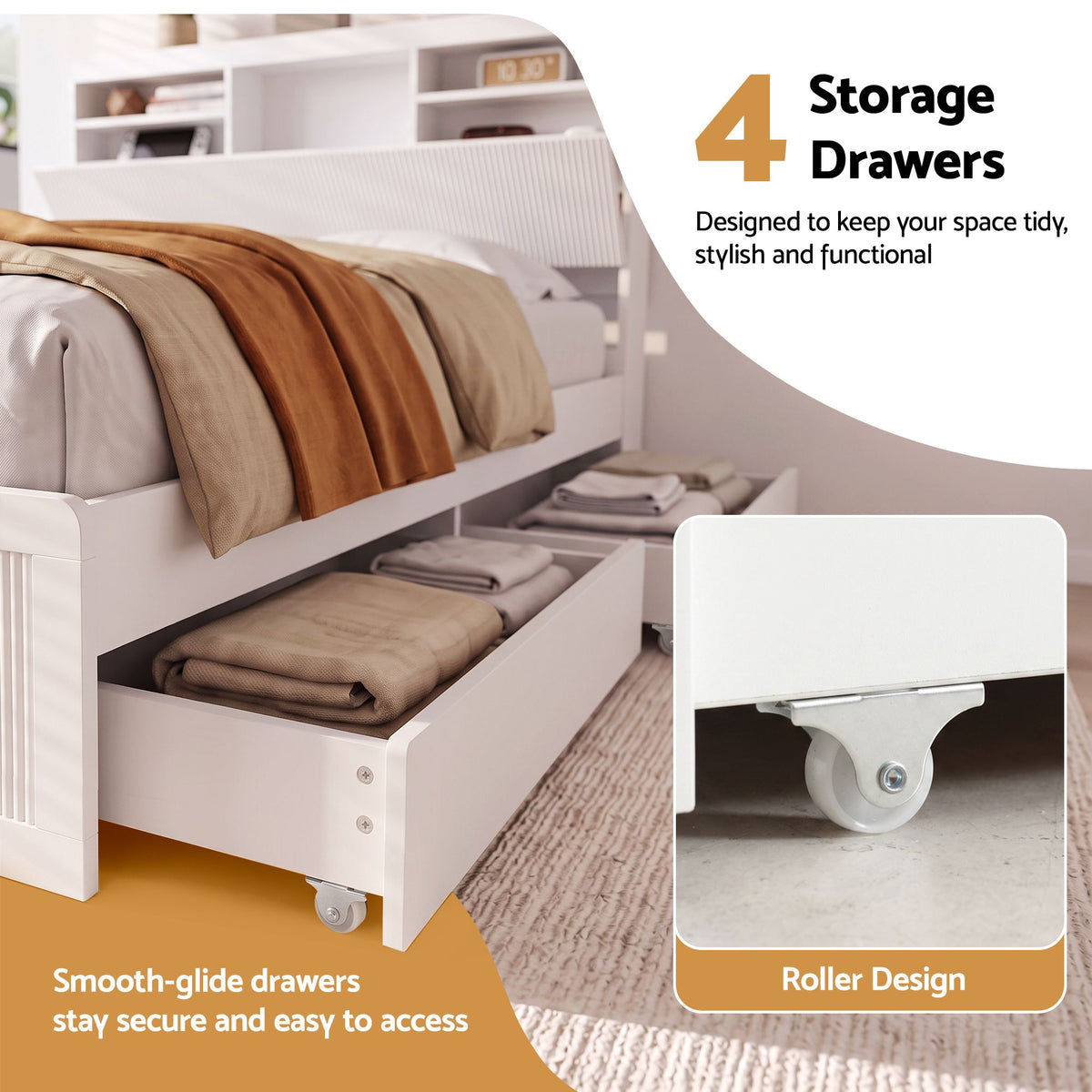 King Single Bed Frame with 4 Storage Drawers, USB Ports & Night Light - White