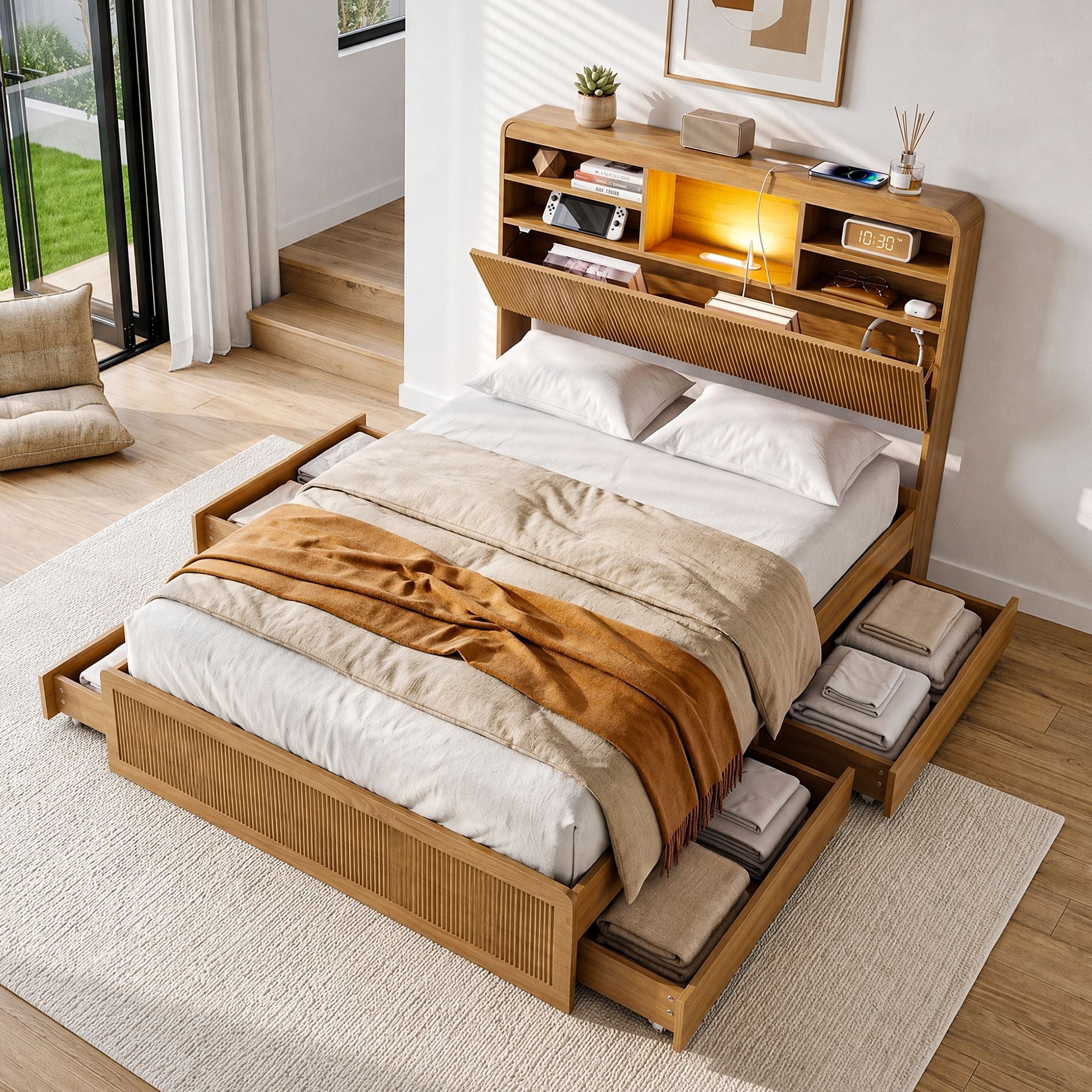 King Single Bed Frame with 4 Storage Drawers, USB Ports & Night Light - Natural