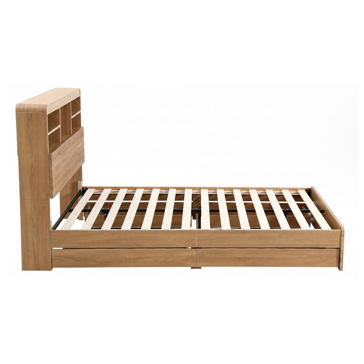 King Single Bed Frame with 4 Storage Drawers, USB Ports & Night Light - Natural