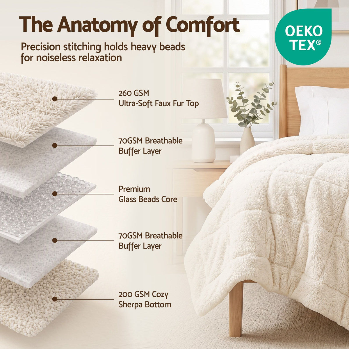 Faux Fur Weighted Blanket 2 Sided Long Pile Sherpa Reverse Cream 11KG 152 x 203cm