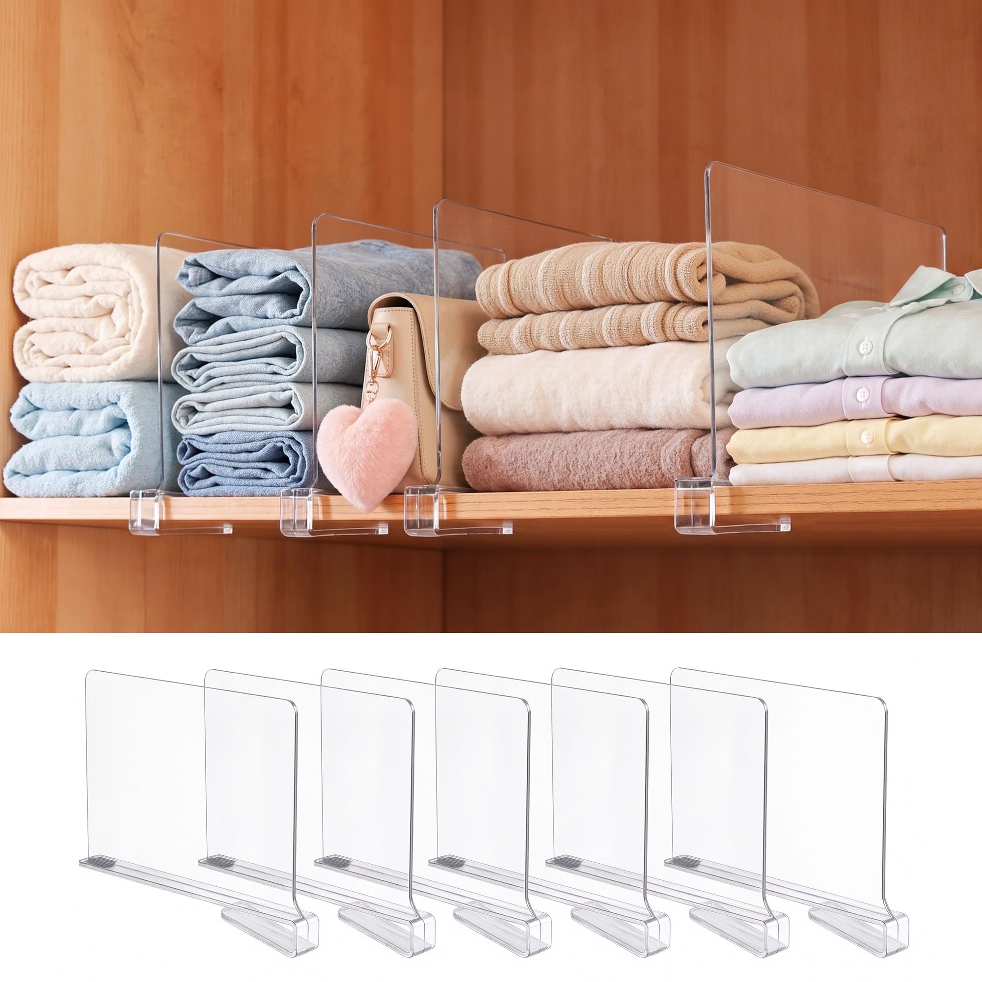 6 Pack Closet Organizers and Storage Clear Shelf Dividers