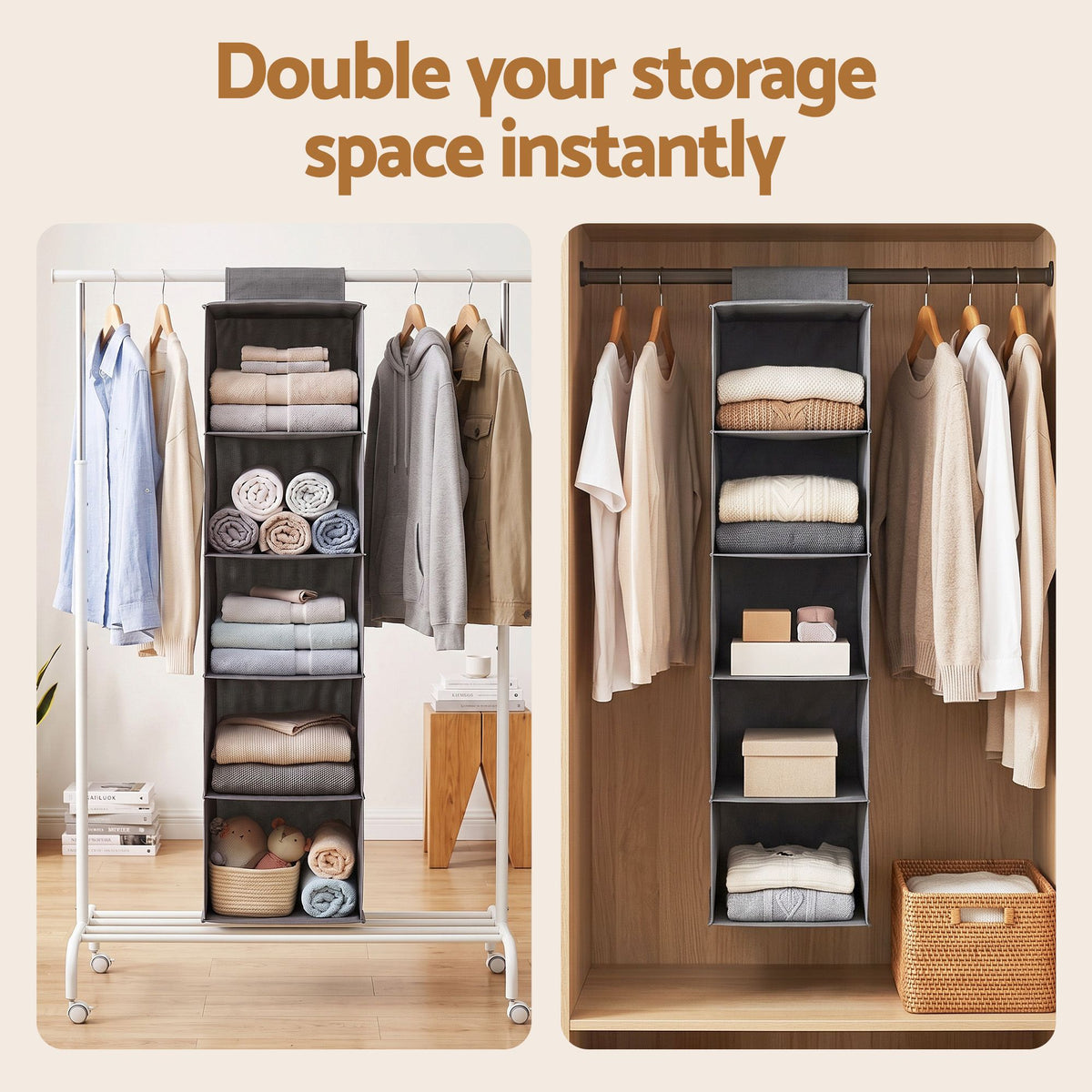 5 Tier Hanging Closet Organiser Wardrobe Storage 104cm - Grey