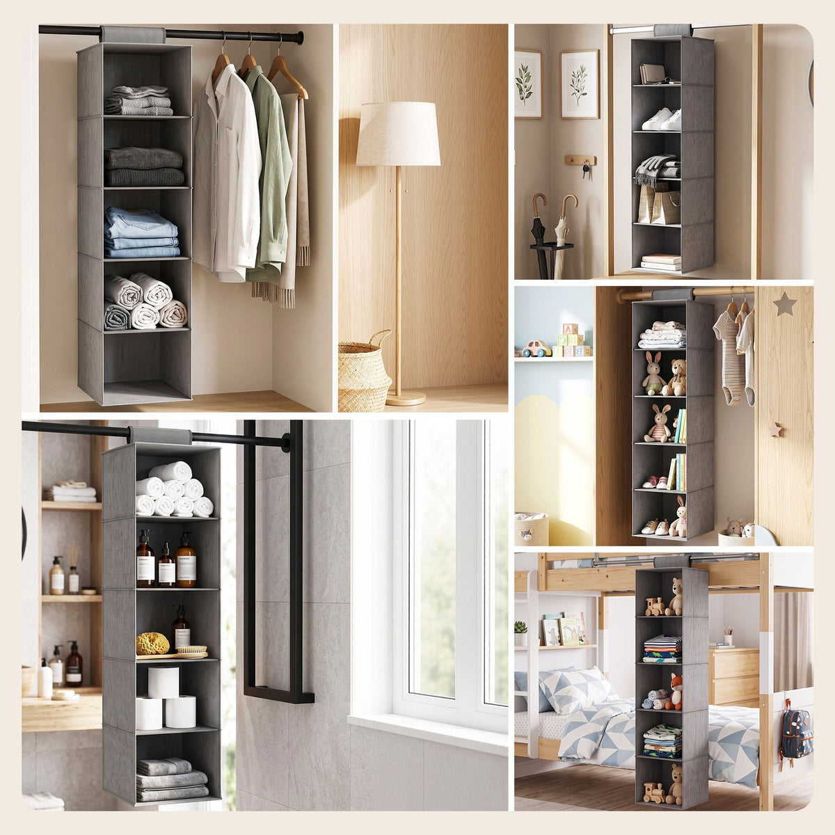 5 Tier Hanging Closet Organiser Wardrobe Storage 104cm - Grey