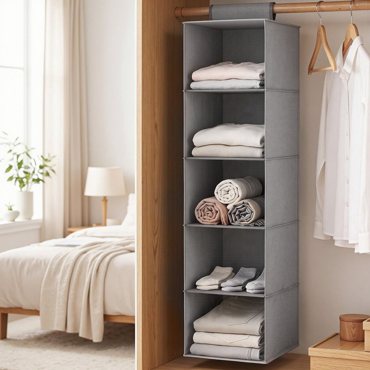 5 Tier Hanging Closet Organiser Wardrobe Storage 104cm - Grey