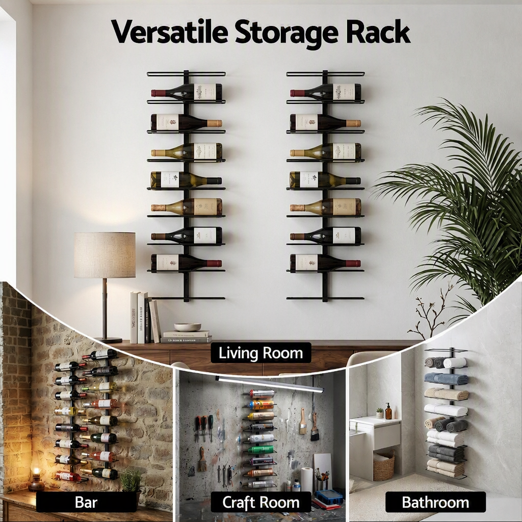 Wall Mounted Wine Rack Holder Set of 2 - 18-Bottle Capacity - Black Metal