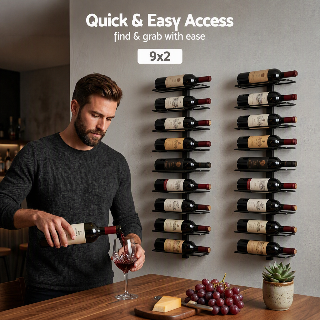 Wall Mounted Wine Rack Holder Set of 2 - 18-Bottle Capacity - Black Metal