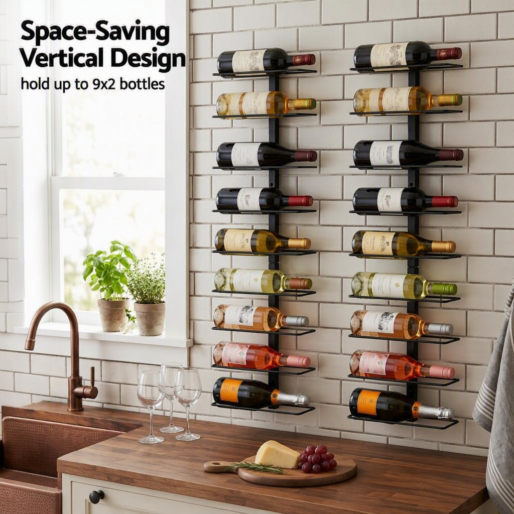Wall Mounted Wine Rack Holder Set of 2 - 18-Bottle Capacity - Black Metal