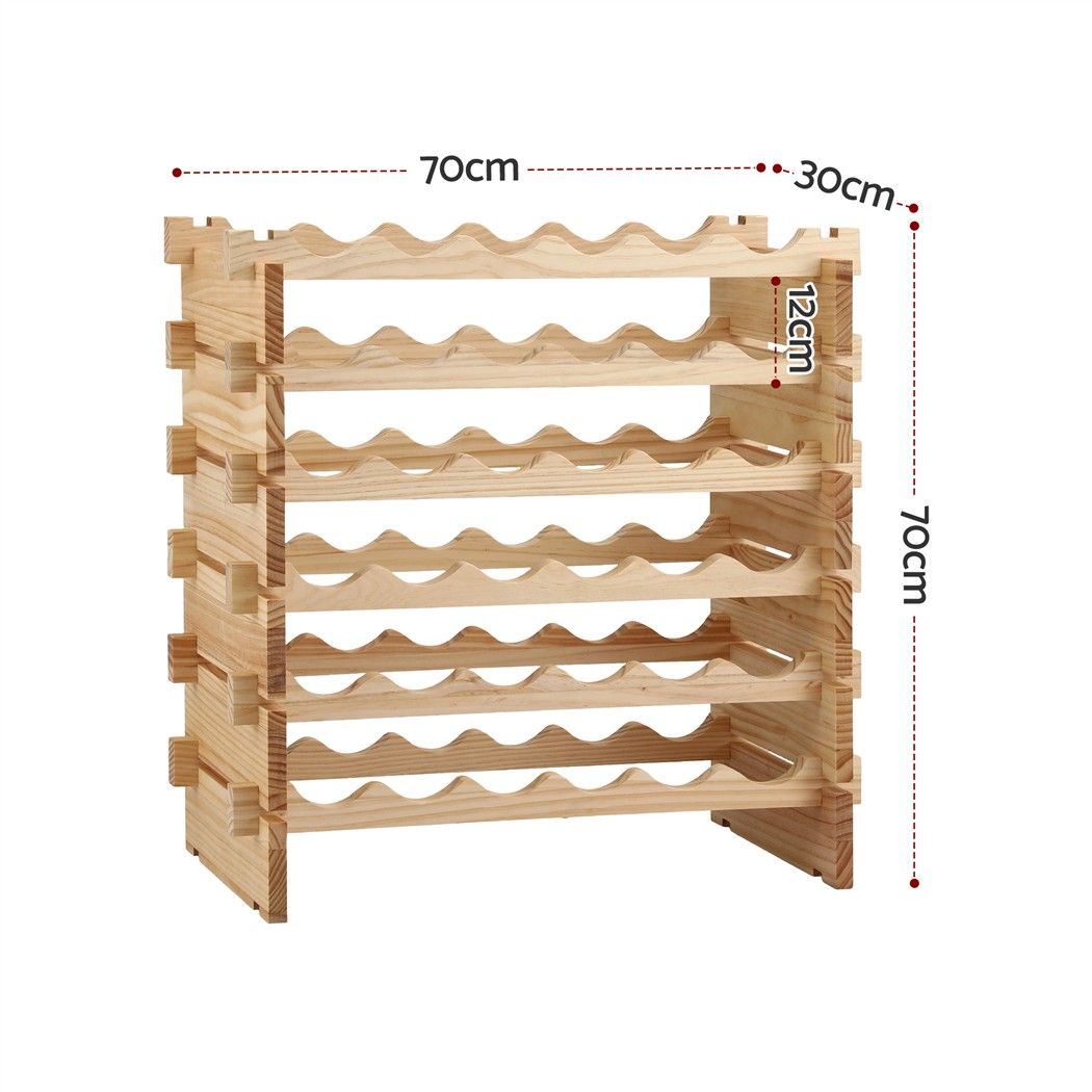 36 Bottle Wooden Wine Rack 6 Tier Modular Wine Display Storage Stand Freestanding Holder Natural Pine Wood, 70 x 30 x 70cm