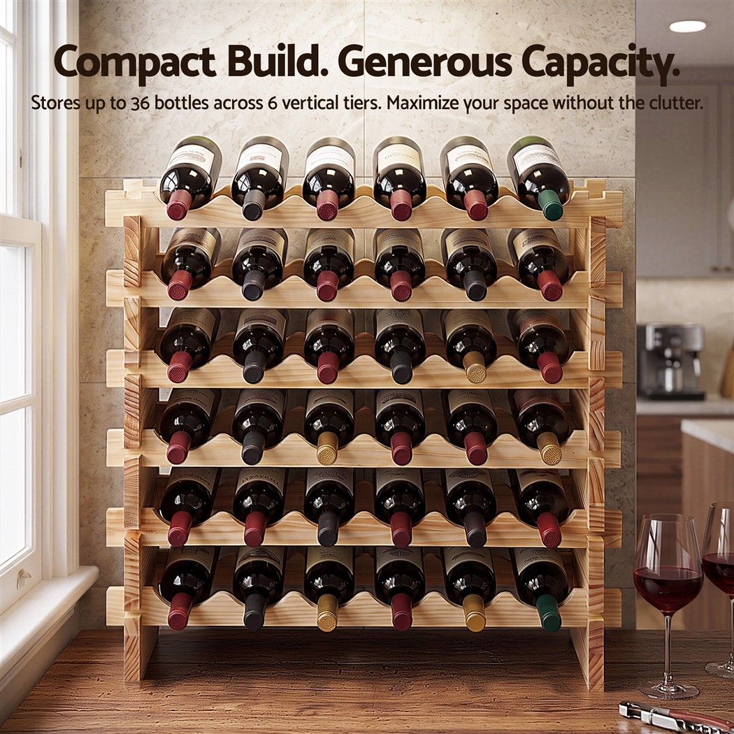 36 Bottle Wooden Wine Rack 6 Tier Modular Wine Display Storage Stand Freestanding Holder Natural Pine Wood, 70 x 30 x 70cm
