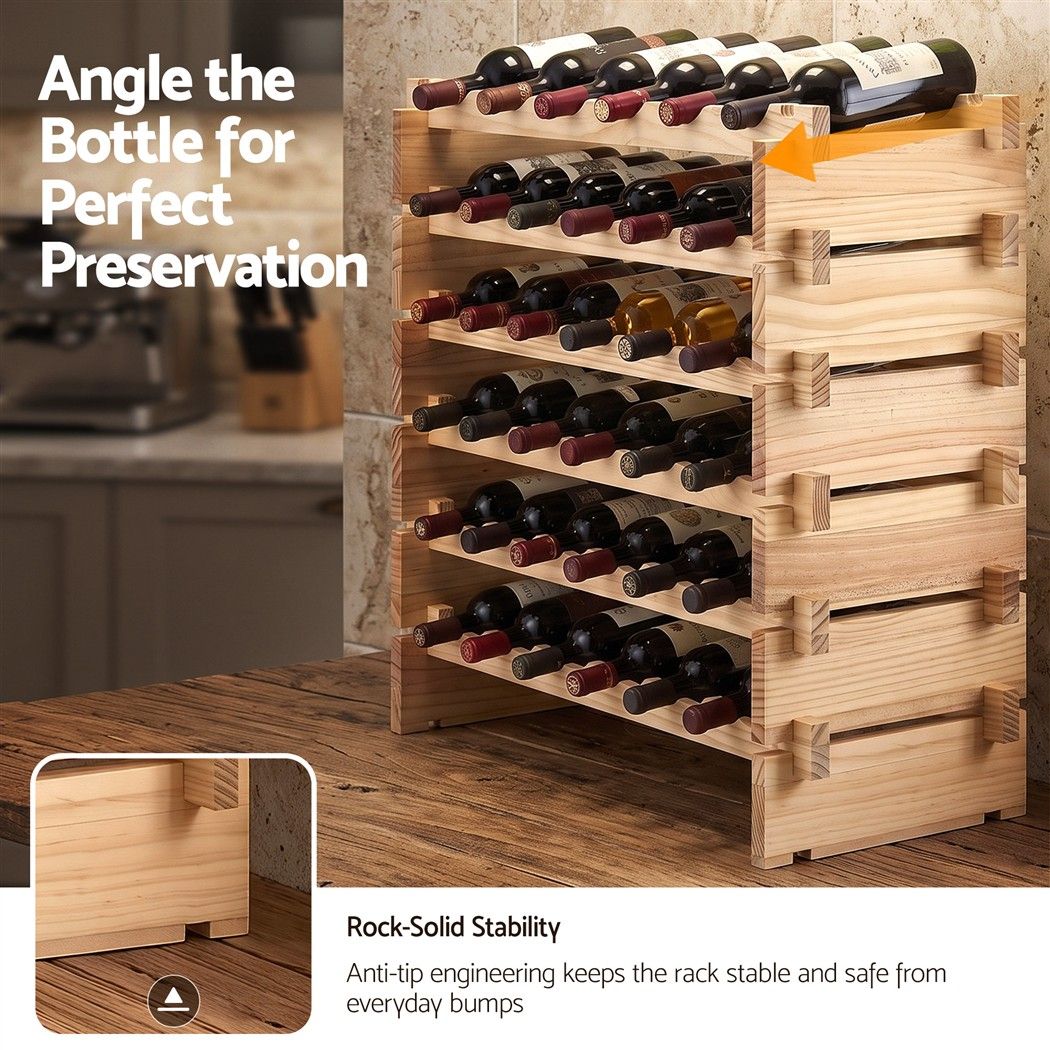 36 Bottle Wooden Wine Rack 6 Tier Modular Wine Display Storage Stand Freestanding Holder Natural Pine Wood, 70 x 30 x 70cm