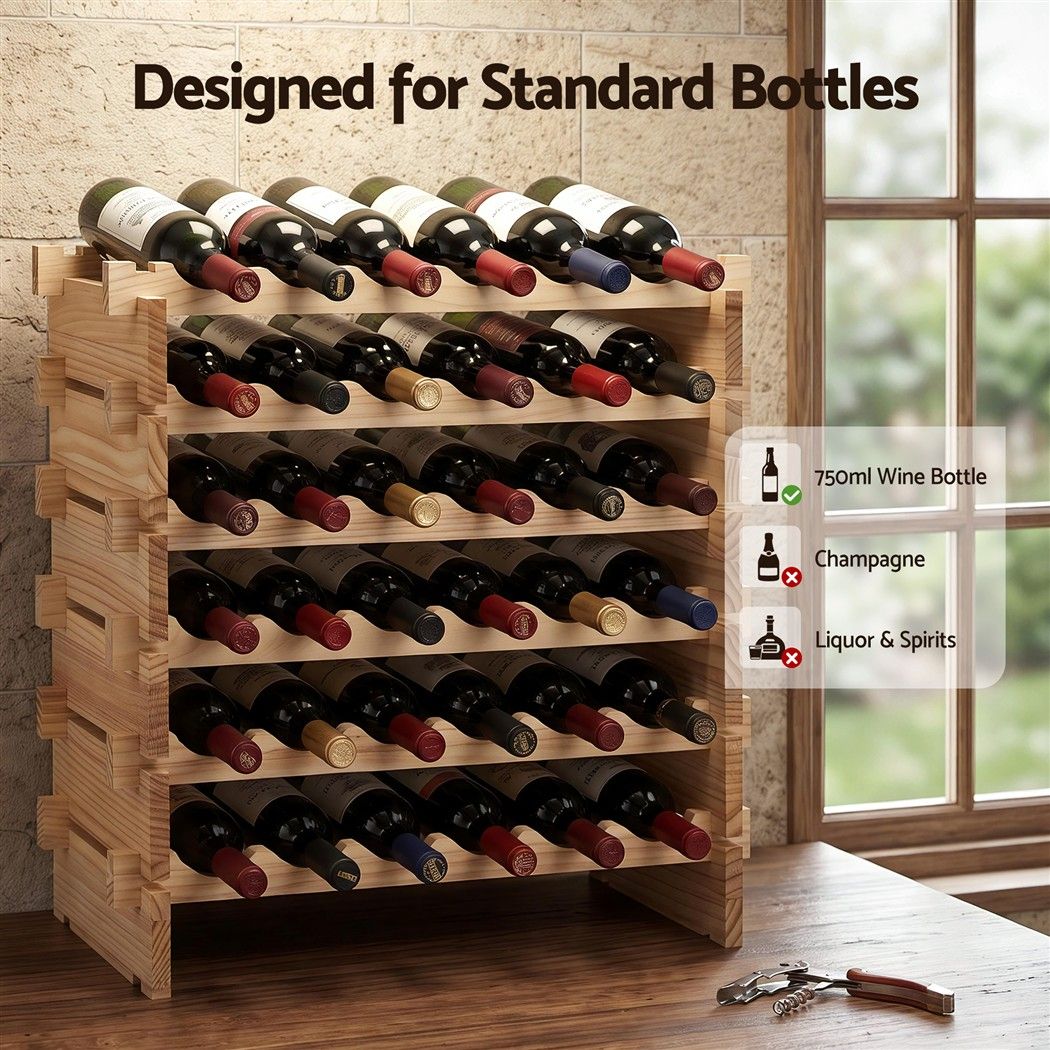 36 Bottle Wooden Wine Rack 6 Tier Modular Wine Display Storage Stand Freestanding Holder Natural Pine Wood, 70 x 30 x 70cm