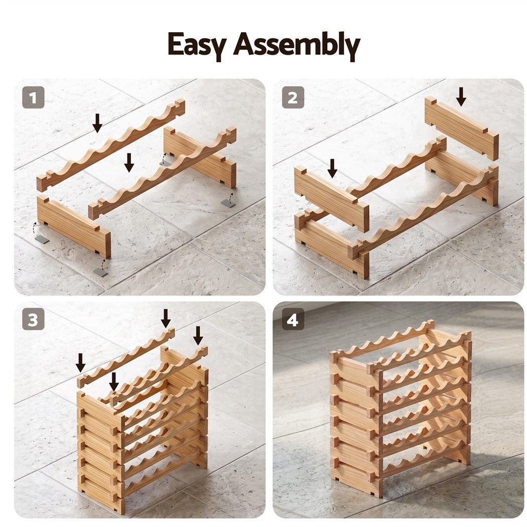 36 Bottle Wooden Wine Rack 6 Tier Modular Wine Display Storage Stand Freestanding Holder Natural Pine Wood, 70 x 30 x 70cm
