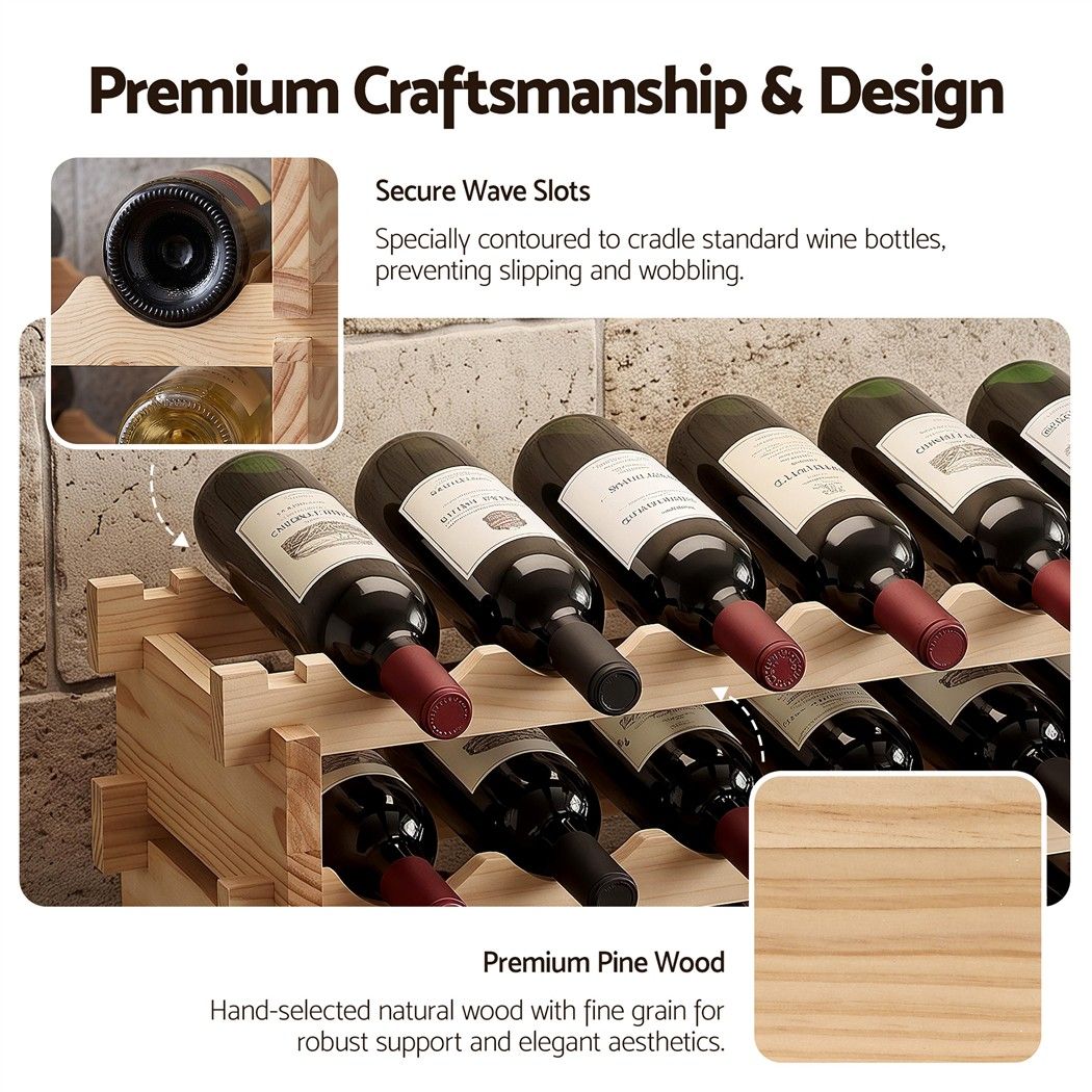 36 Bottle Wooden Wine Rack 6 Tier Modular Wine Display Storage Stand Freestanding Holder Natural Pine Wood, 70 x 30 x 70cm