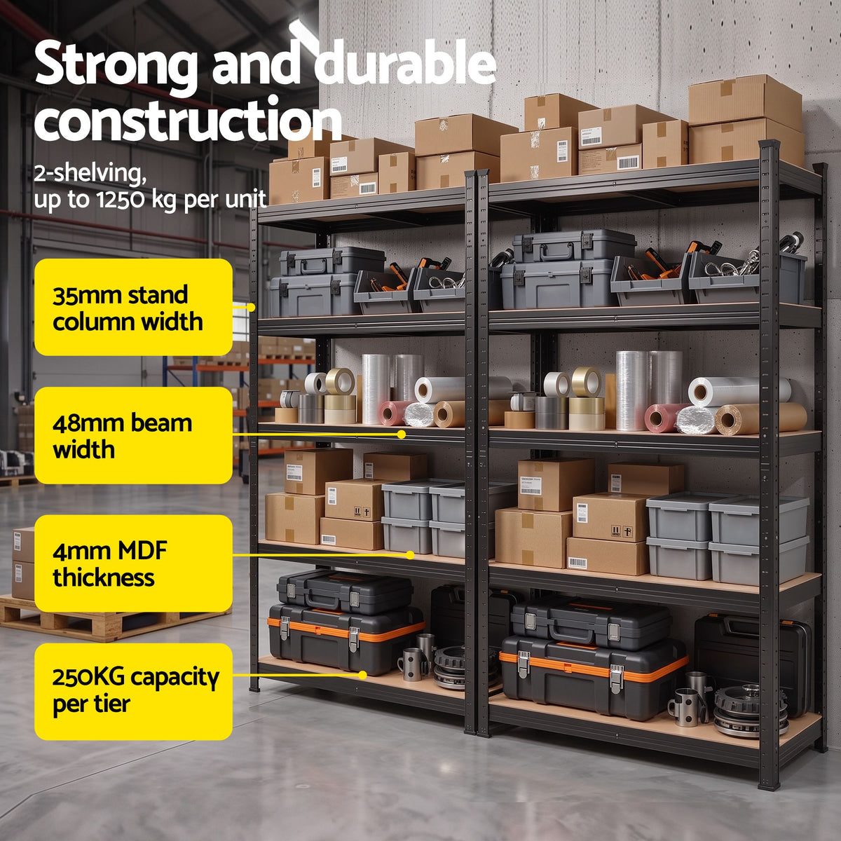 2-Rack Garage Shelving 1.6X0.8m MDF Warehouse Shelves Storage Rack Black