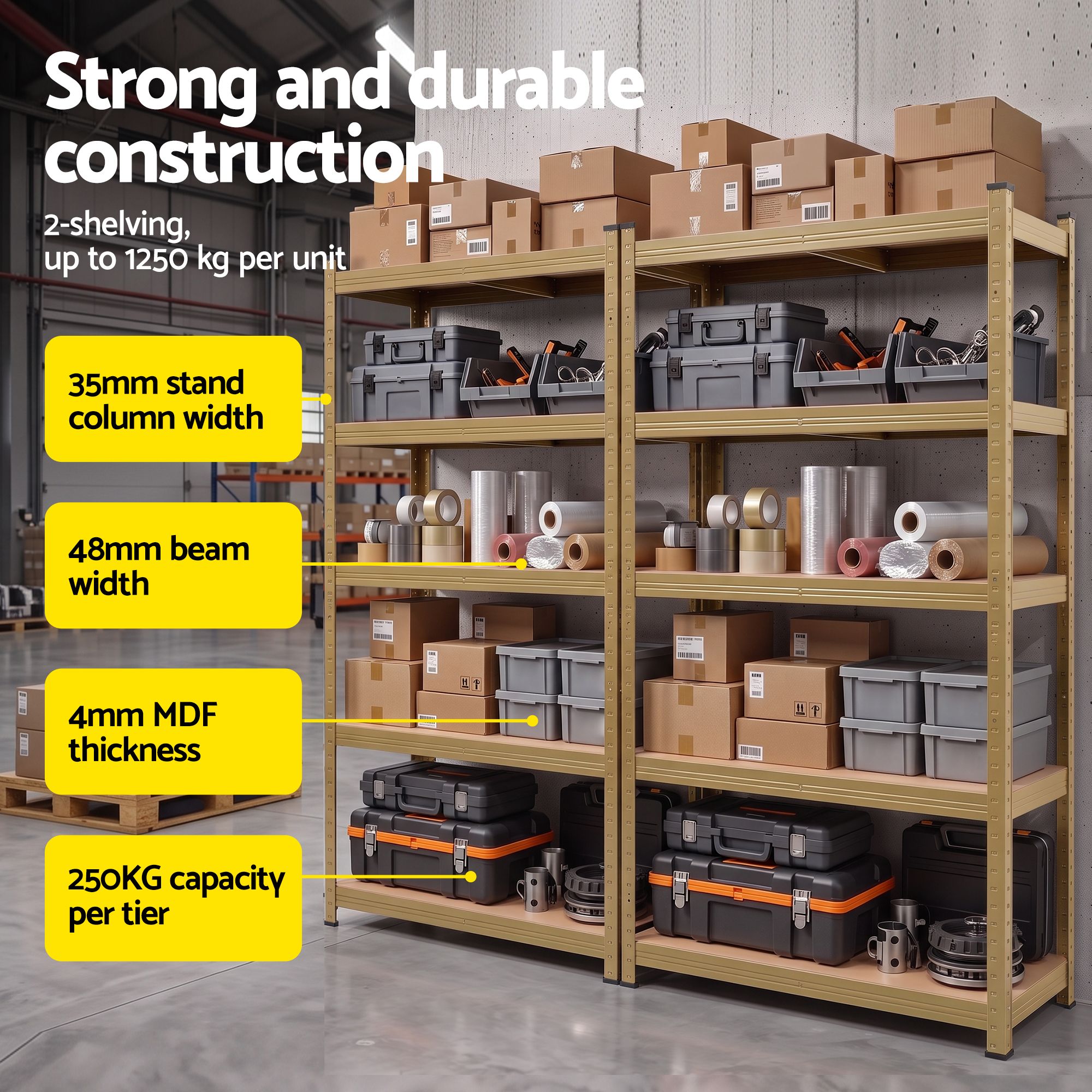 2-Rack Garage Shelving 1.6X0.8m MDF Warehouse Shelves Storage Rack Yellow