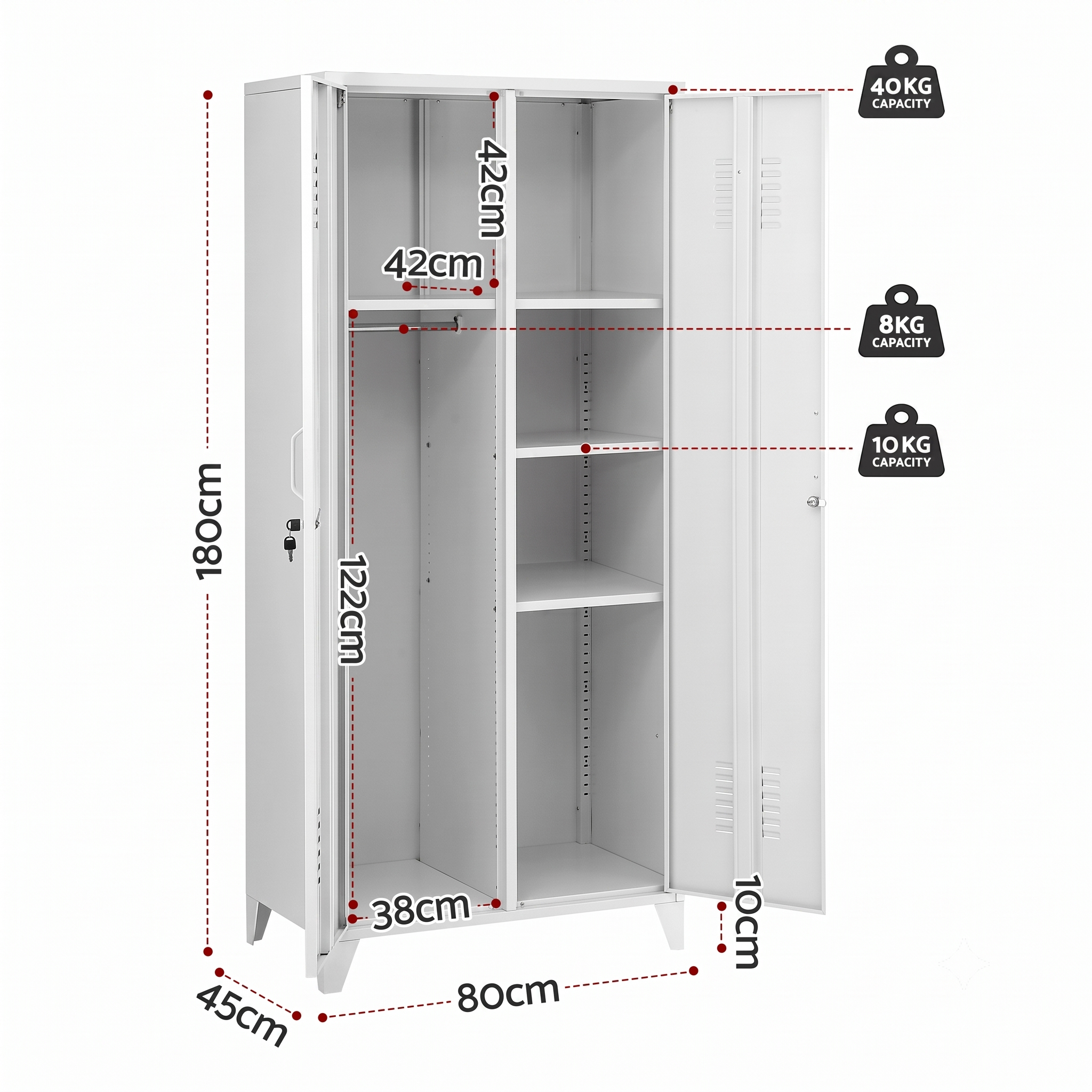 2-Door Wardrobe Lockable Cabinet Storage Closet Hanging Rail Adjustable Shelves Cream White