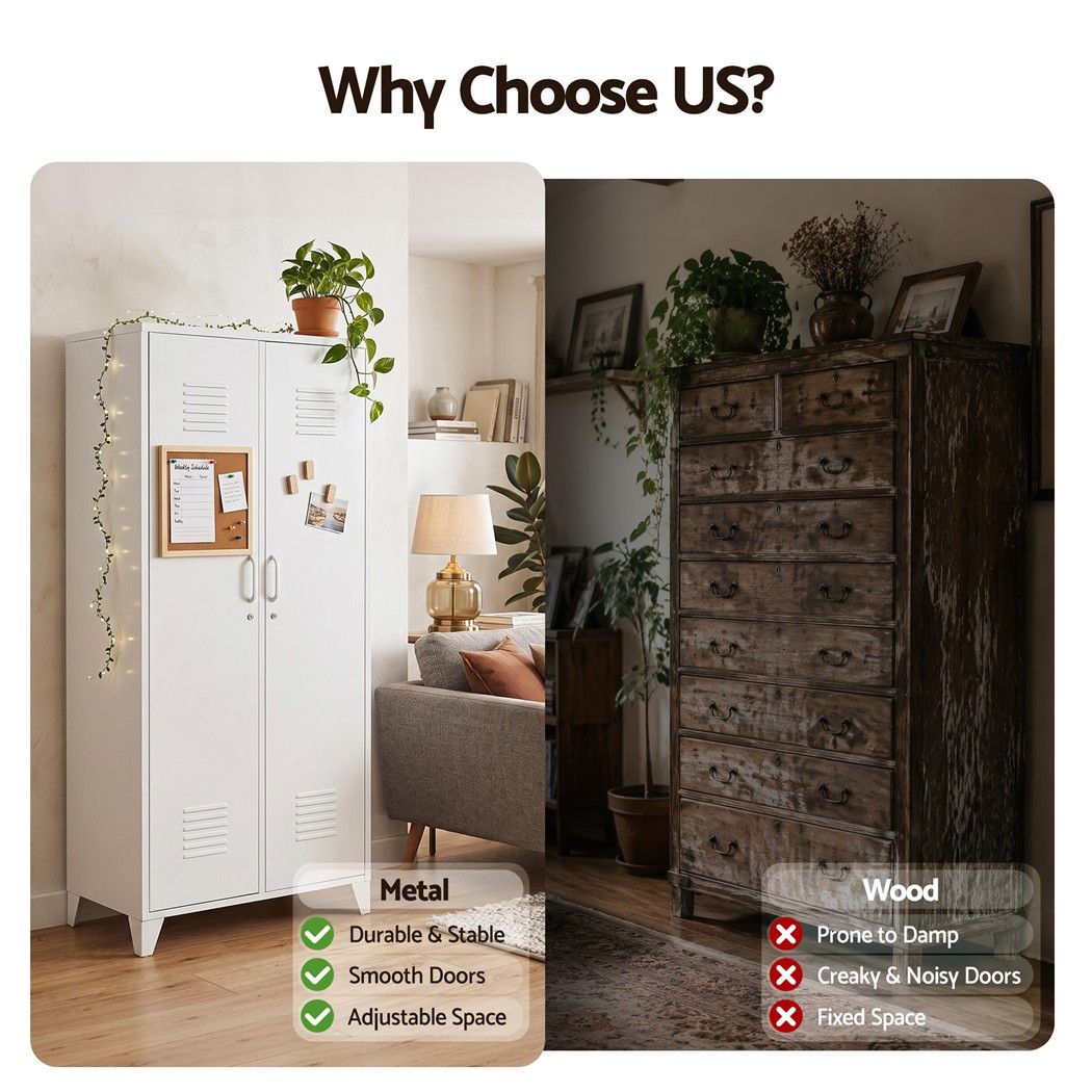2-Door Wardrobe Lockable Cabinet Storage Closet Hanging Rail Adjustable Shelves Cream White