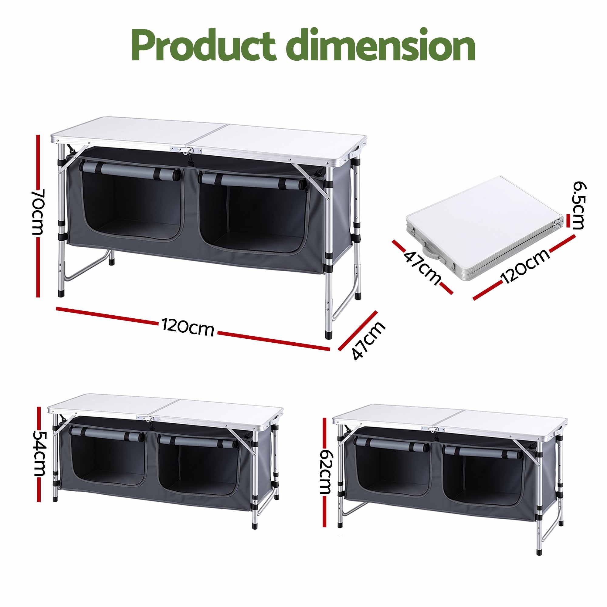 Camping Table Adjustable Storage Cabinet Aluminum MDF 120cm Grey