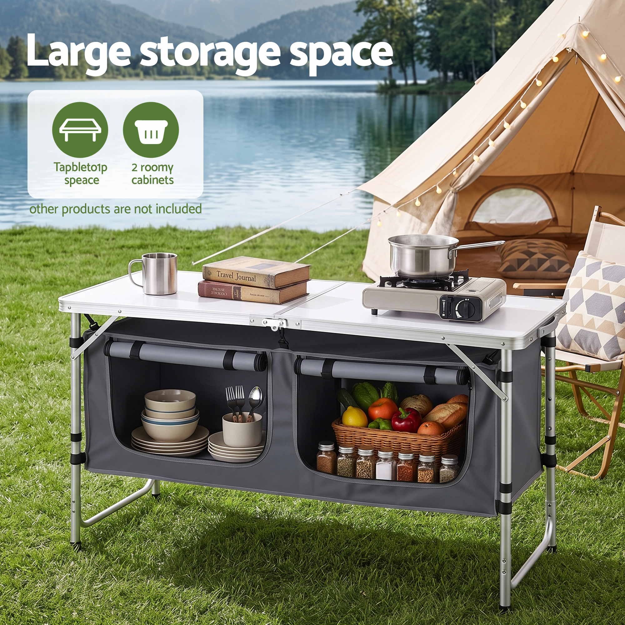 Camping Table Adjustable Storage Cabinet Aluminum MDF 120cm Grey