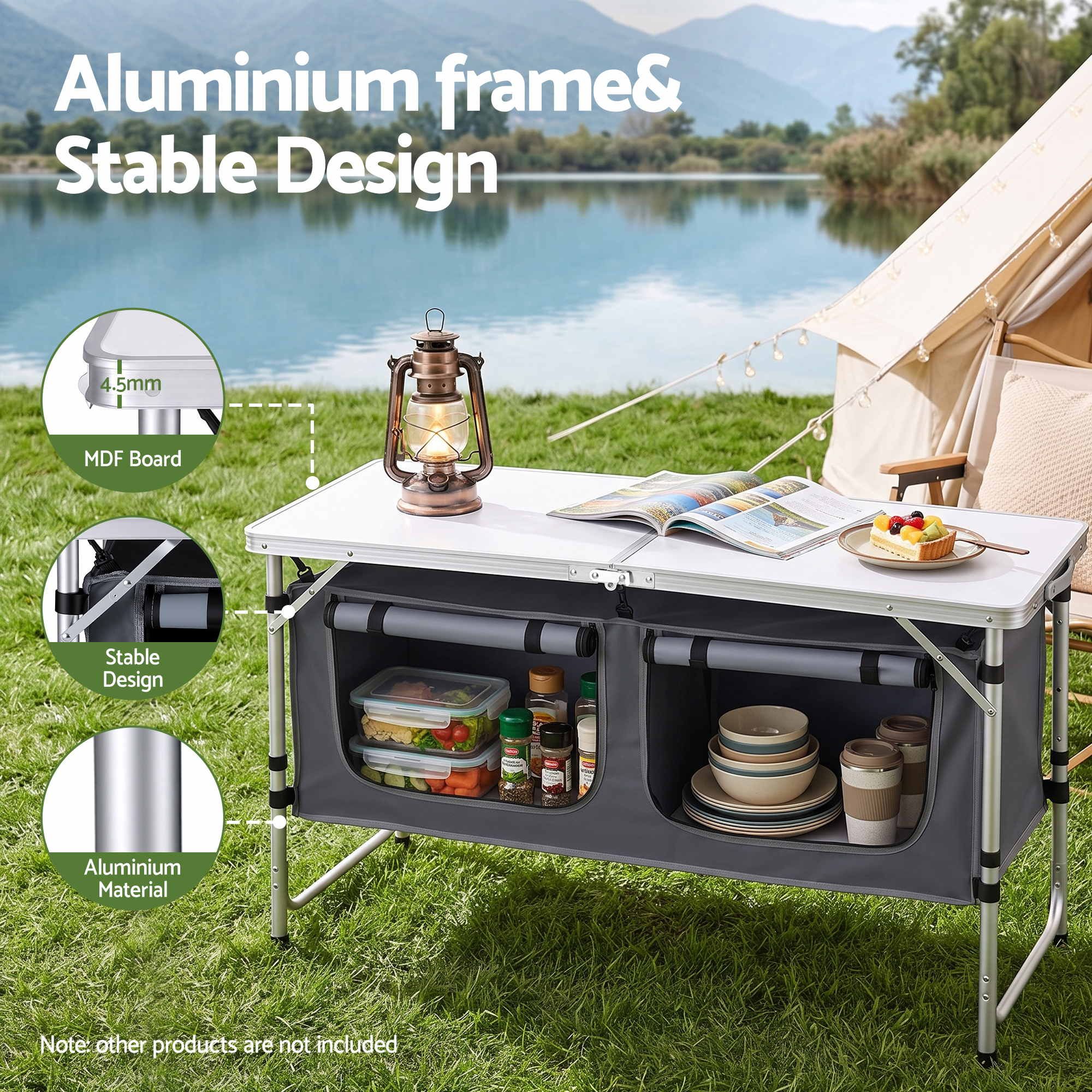 Camping Table Adjustable Storage Cabinet Aluminum MDF 120cm Grey