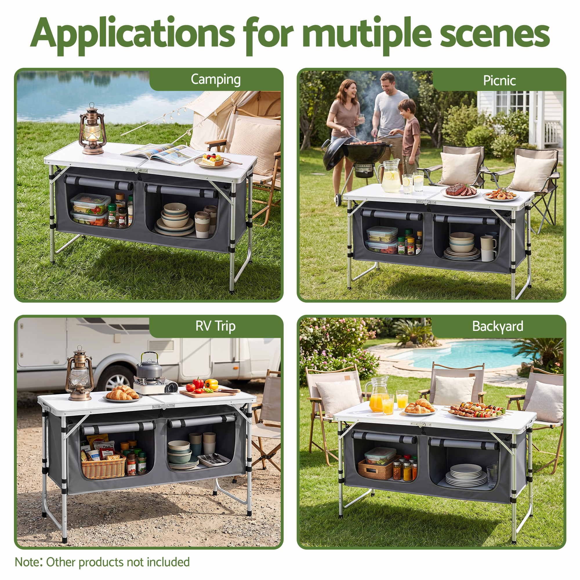 Camping Table Adjustable Storage Cabinet Aluminum MDF 120cm Grey