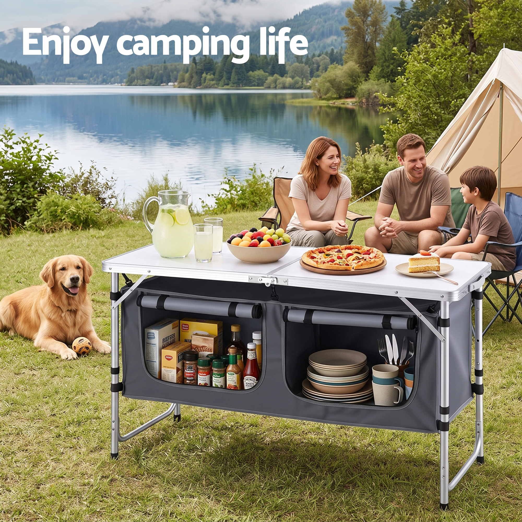 Camping Table Adjustable Storage Cabinet Aluminum MDF 120cm Grey