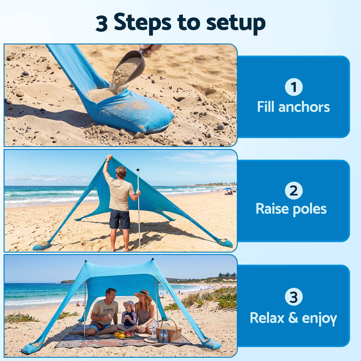 Camping Tent Beach Canopy Sun Shelter 334x440x160cm - Blue