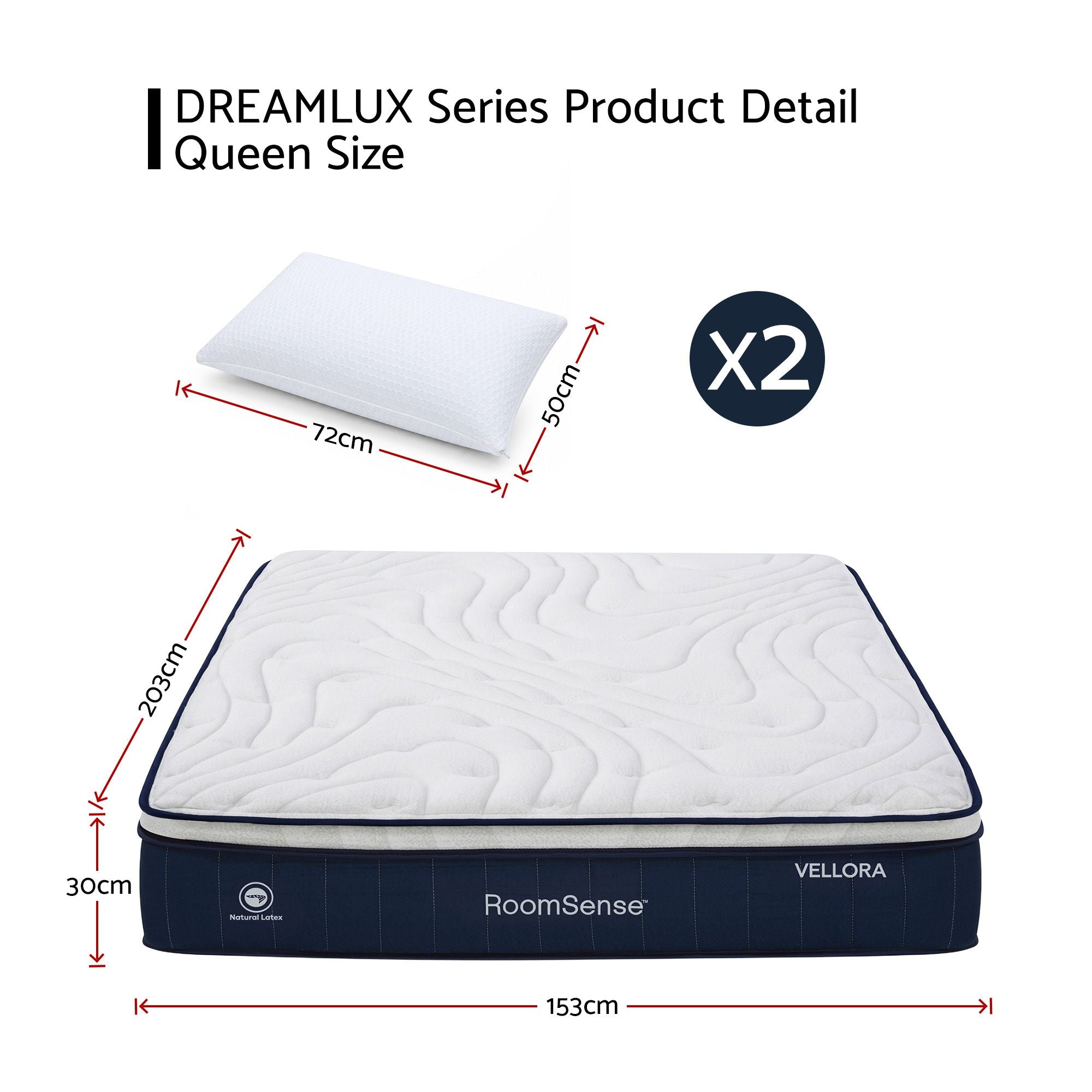 RoomSense Queen 30cm Medium Firm Latex Mattress with 2 Gel Cooling Pillows
