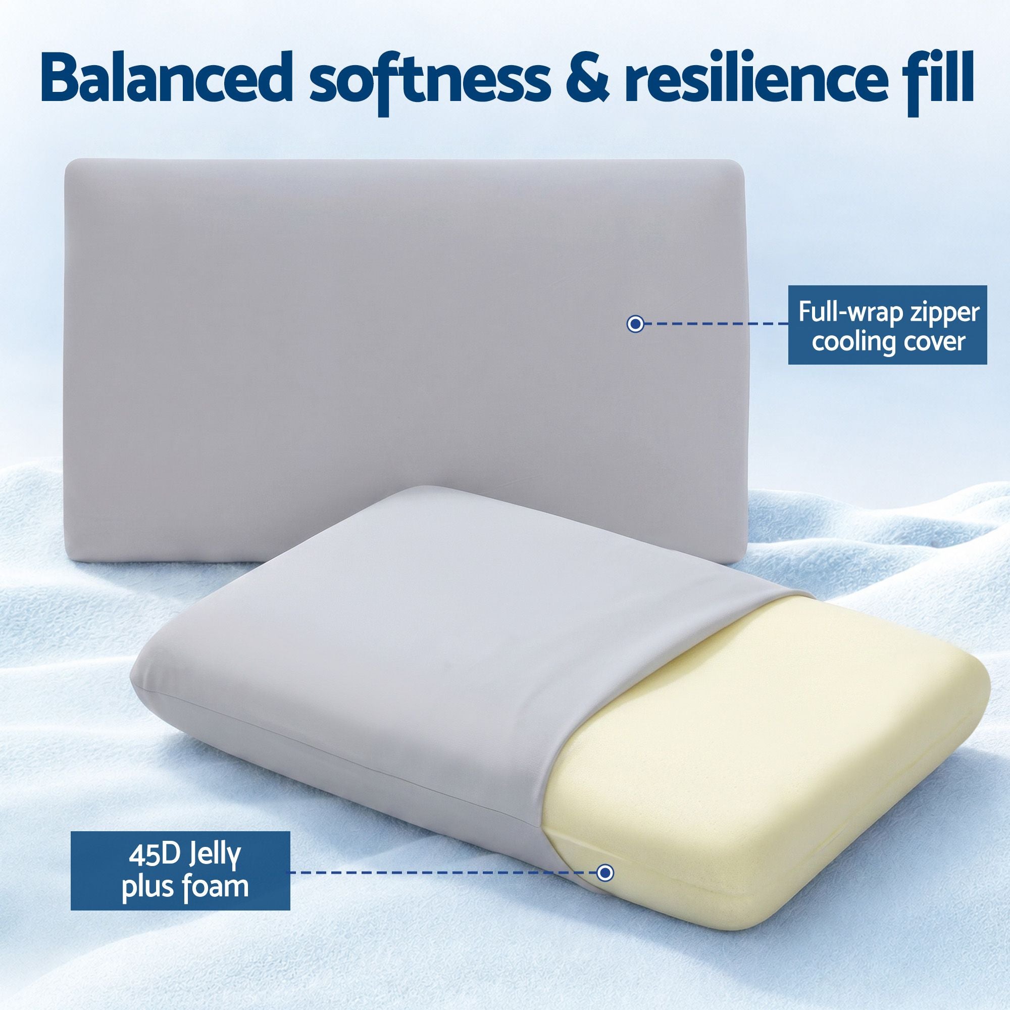 Cooling Memory Foam Pillows Set of 2 Queen 70x40x10cm Solid Core Side Sleeper with Washable Cover