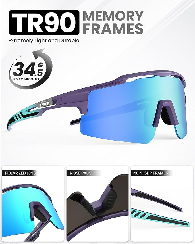 Hawk II Polarized Sports Sunglasses for Men Women, TAC 100% UV400 Protection TR90 Frame Cycling Sunglasses, Baseball Running Fishing Golf Glasses-Blue Frame+revo Blue Cat.3,Adult