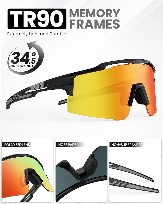 Hawk II Polarized Sports Sunglasses for Men Women, TAC 100% UV400 Protection TR90 Frame Cycling Sunglasses, Baseball Running Fishing Golf Glasses-Black Frame+revo Blue Cat.3,Adult