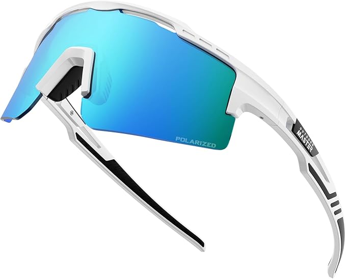 Hawk II Polarized Sports Sunglasses for Men Women, TAC 100% UV400 Protection TR90 Frame Cycling Sunglasses, Baseball Running Fishing Golf Glasses-White Frame+revo Blue Cat.3