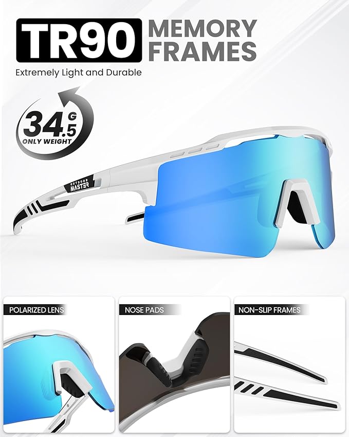 Hawk II Polarized Sports Sunglasses for Men Women, TAC 100% UV400 Protection TR90 Frame Cycling Sunglasses, Baseball Running Fishing Golf Glasses-White Frame+revo Blue Cat.3