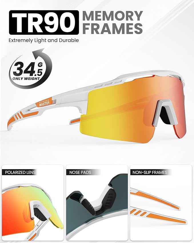 Hawk II Polarized Sports Sunglasses for Men Women, TAC 100% UV400 Protection TR90 Frame Cycling Sunglasses, Baseball Running Fishing Golf Glasses-White Frame+revo Red Cat.3,Adult