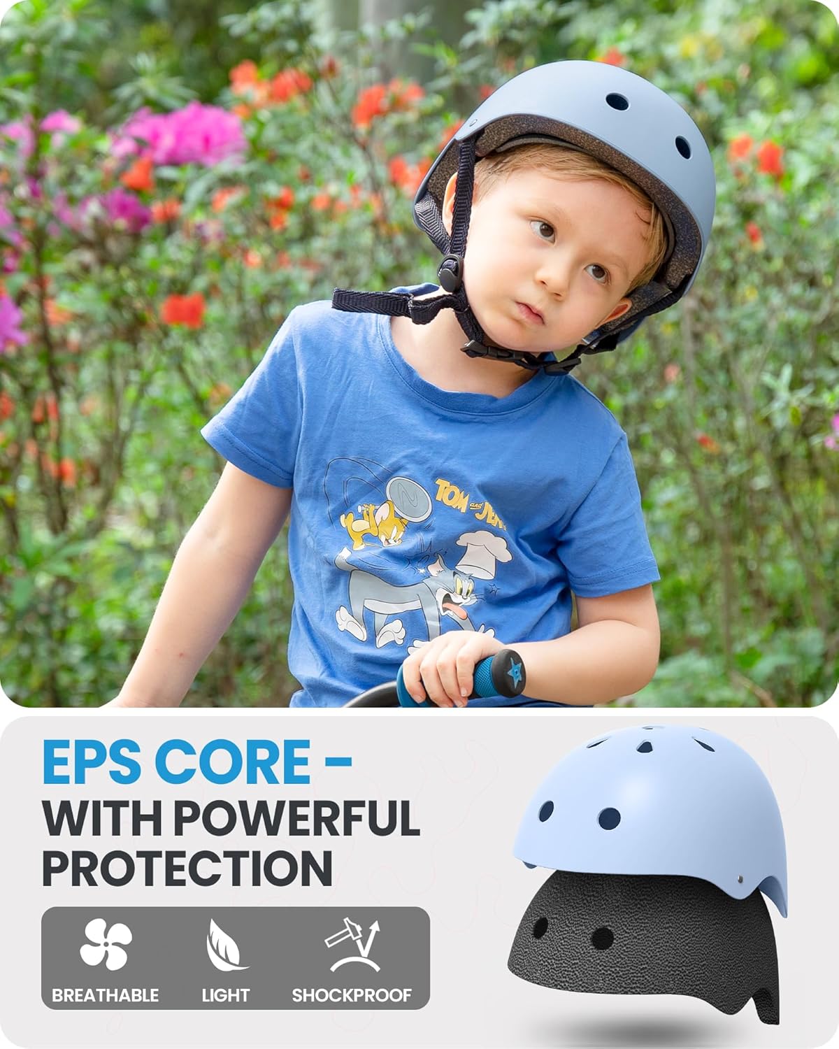 Youth & Kids Bike Helmet - Adjustable Multi-Sports Skateboard Helmet with Removable Liners for Balance Bike, Toddler Scooter, One Wheel Hoverboard-Light Blue-Large