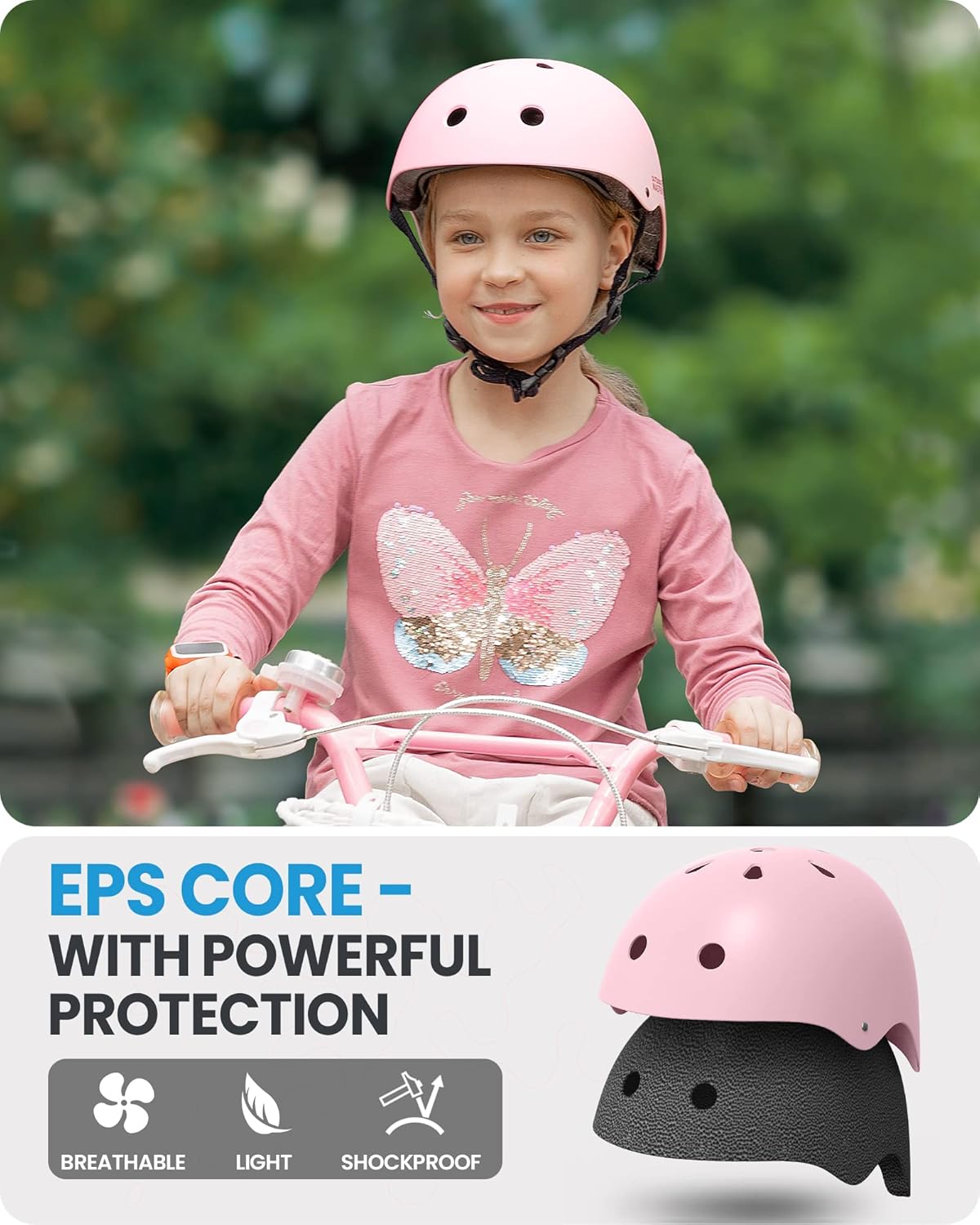 Youth & Kids Bike Helmet - Adjustable Multi-Sports Skateboard Helmet with Removable Liners for Balance Bike, Toddler Scooter, One Wheel Hoverboard-Light Pink-Large