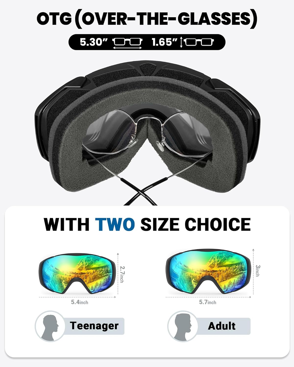 Ski Goggles with Cover Snowboard Snow Goggles OTG Anti-Fog -100% UV Protection-OM-18