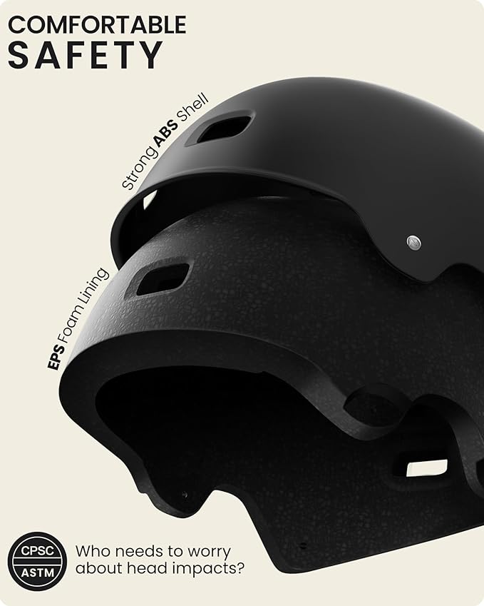 Skateboard Cycling Helmet - Two Removable Liners Ventilation Multi-Sport Scooter Roller Skate Inline Skating Rollerblading for Adults-Black-Medium