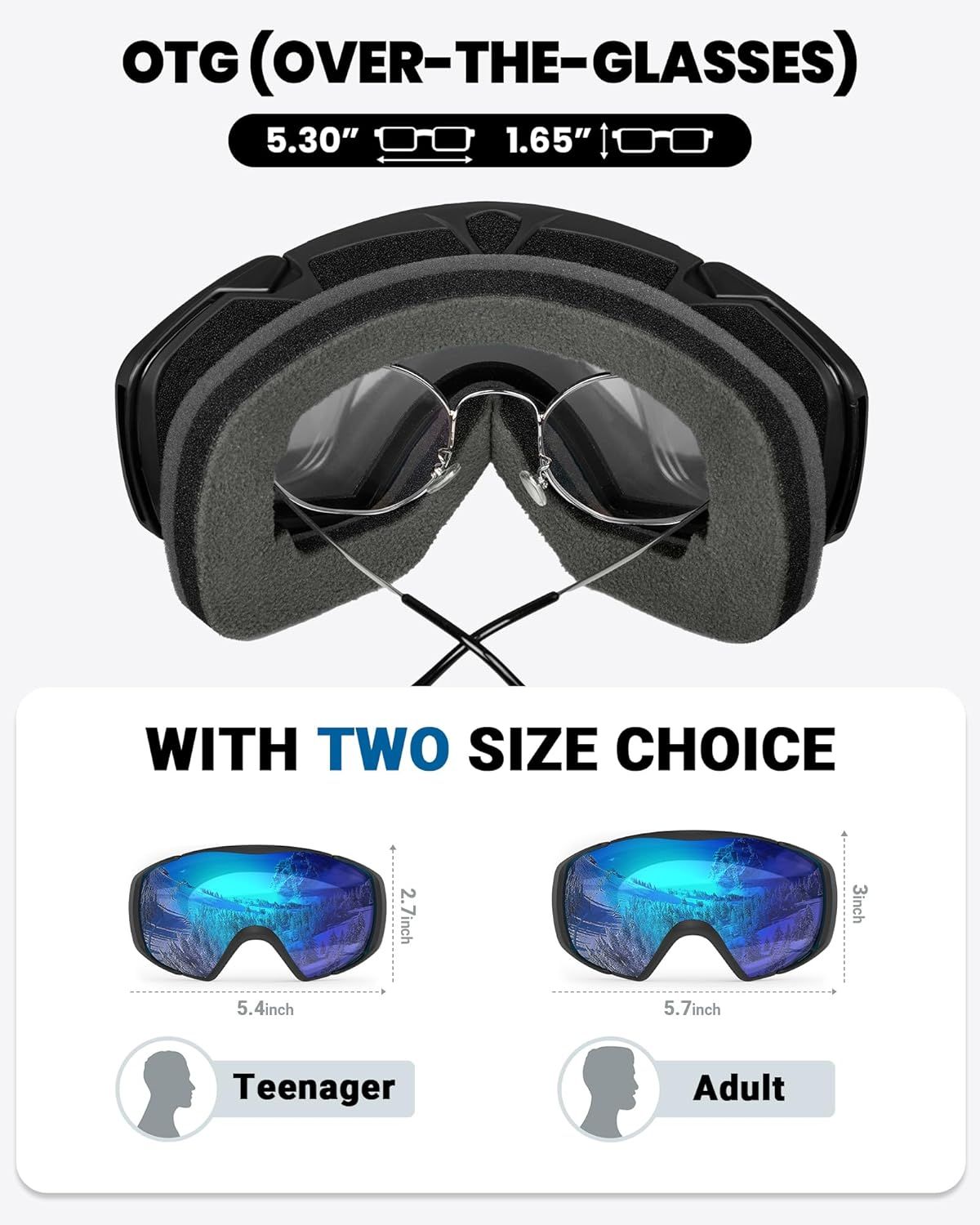 Ski Goggles with Cover Snowboard Snow Goggles OTG Anti-Fog -100% UV Protection-OM-18