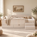 King Single Upholstered Daybed with Stairs and Storage Drawers - Beige