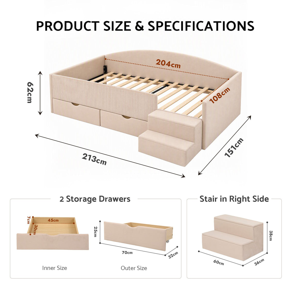 King Single Upholstered Daybed with Stairs and Storage Drawers - Beige