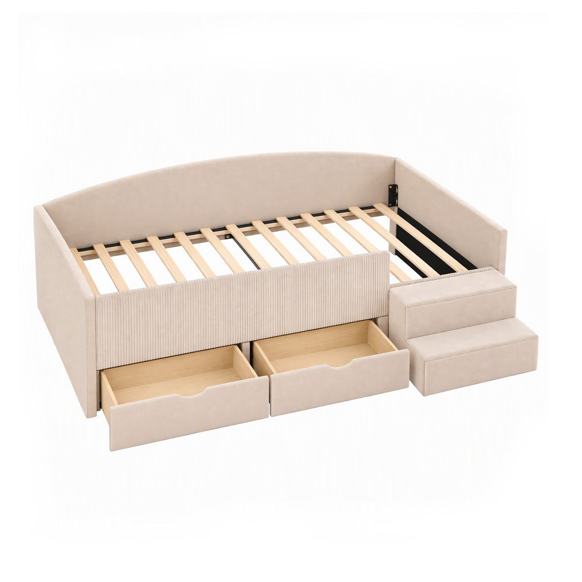 King Single Upholstered Daybed with Stairs and Storage Drawers - Beige