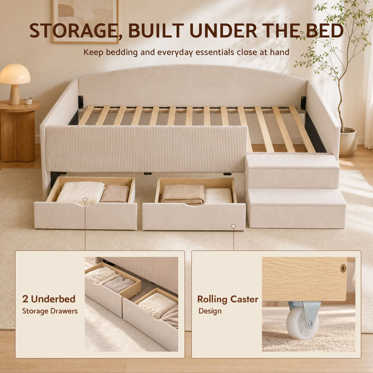 King Single Upholstered Daybed with Stairs and Storage Drawers - Beige