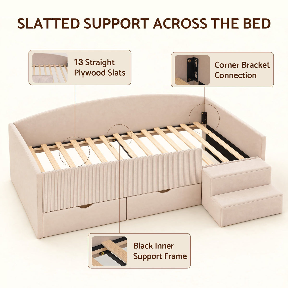 King Single Upholstered Daybed with Stairs and Storage Drawers - Beige