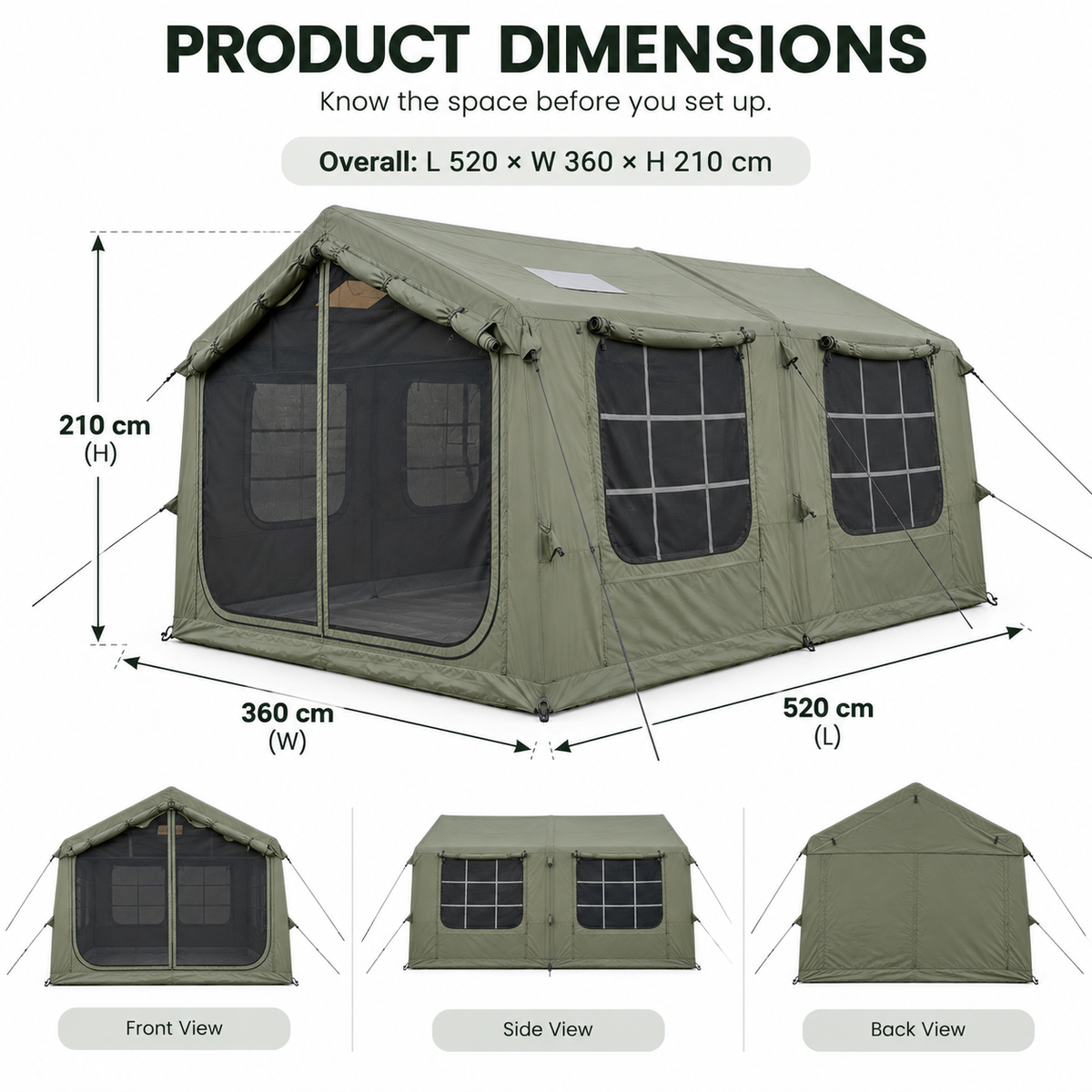 Inflatable Cabin Camping Tent 520x360cm with Mesh Entry - Olive Green