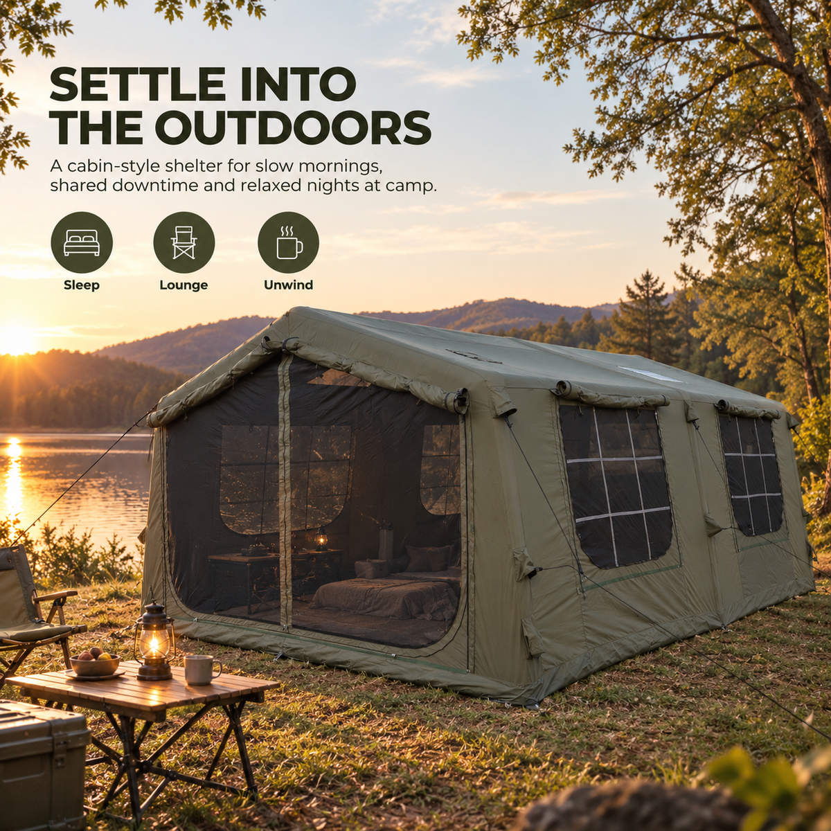 Inflatable Cabin Camping Tent 520x360cm with Mesh Entry - Olive Green